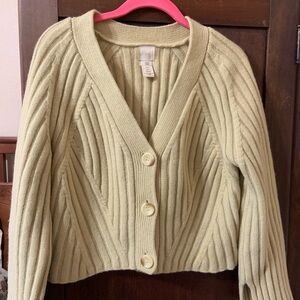 H&M PREMIUM Pale Green Ribbed V-Neck Button-Front Cardigan